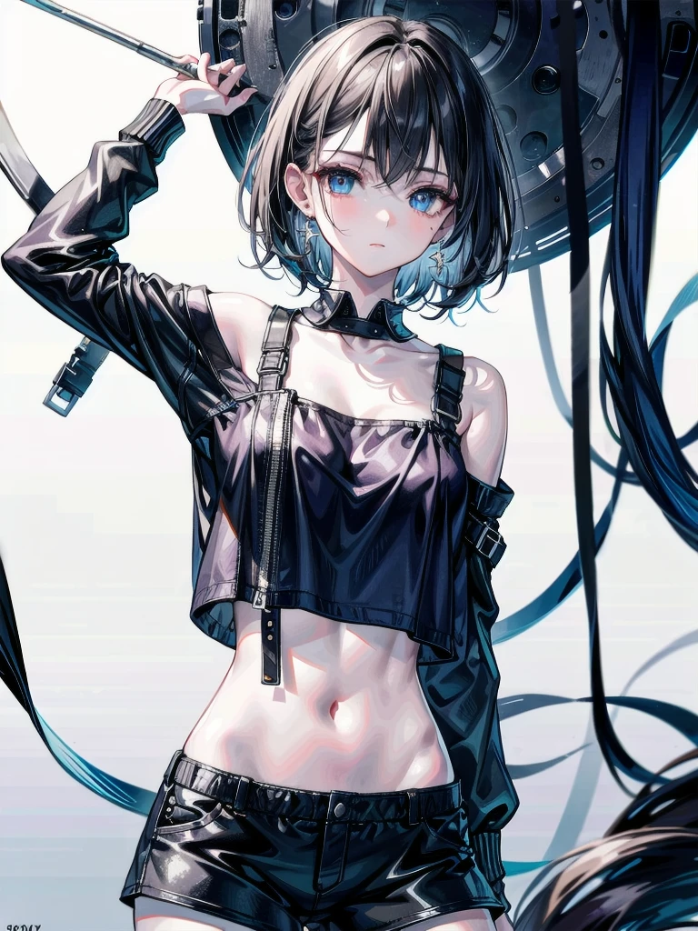 whole body, mechanic's jumpsuit, absurdres, RAW photo, extremely delicate and beautiful, masterpiece, Best Quality, ultra high resolution, 32k, hyperrealistic, ultra-detailed, detailed description, pale skin, 20 years old, detailed beautiful face and eyes, tearful mole, earring, Colossal tits, short medium hair, wavy hair, shorts, long sleeve, midriff,