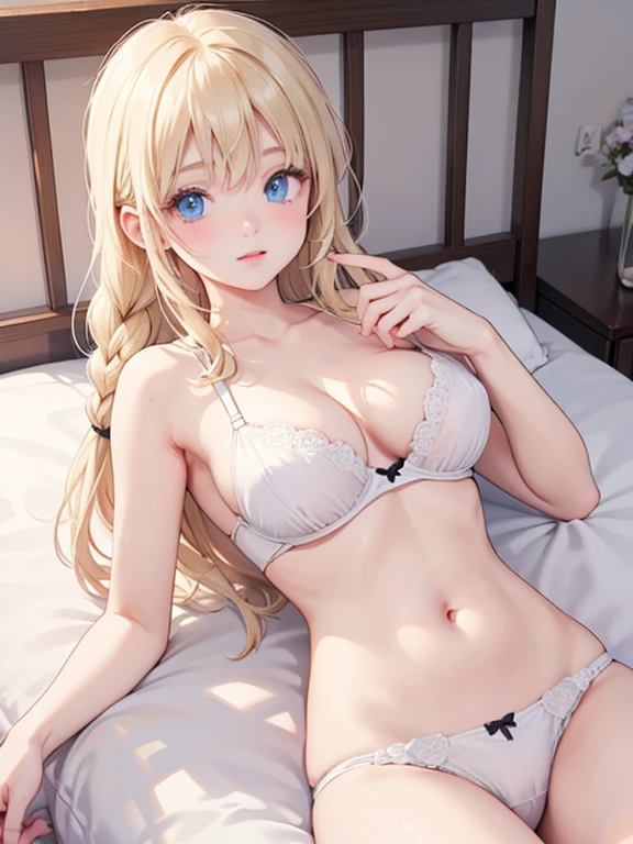 masterpiece, highest quality, Very detailed, 16k, Ultra-high resolution、One , Big Breasts, Detailed face、Perfect Fingers, blue eyes, Blonde, Braid, White panties, White bra, Western-style room, futon, Lie on your back