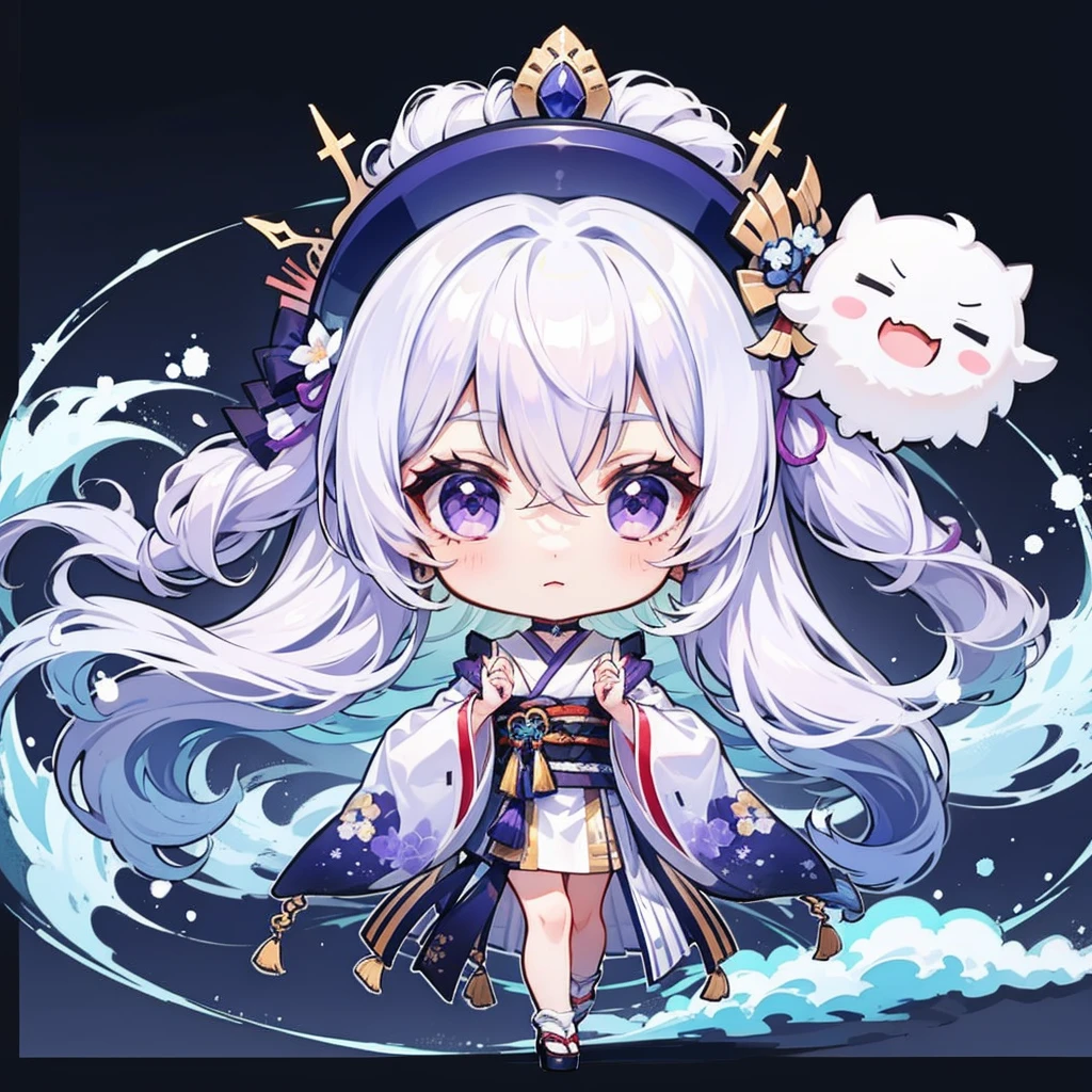 chibi, ((body complete)), ((high detailing)), ((high quality)), ((detailing hands)), 1 girl, long hair, upper hair is black to bottom hair is dark blue, ombre hairstyle, purple eyes, japanese outfit, Chibi style, transparent background, center position.