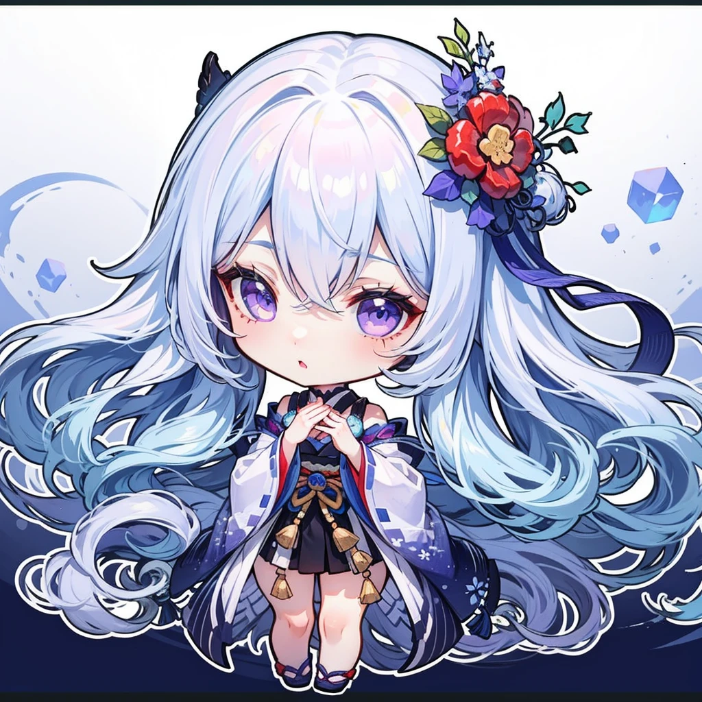 chibi, ((body complete)), ((high detailing)), ((high quality)), ((detailing hands)), 1 girl, long hair, upper hair is black to bottom hair is dark blue, ombre hairstyle, purple eyes, japanese outfit, Chibi style, transparent background, center position.