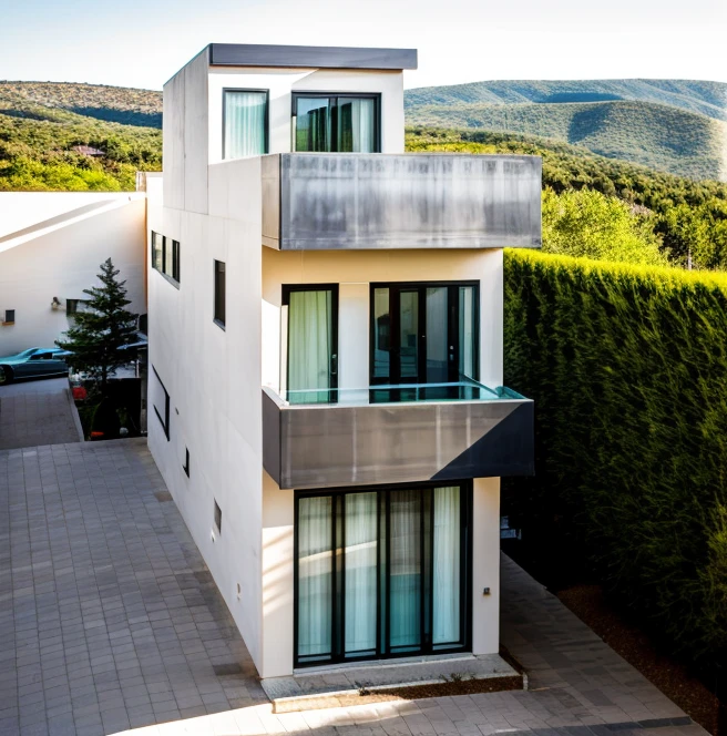 exterior of highrise hotel building, contemporary style, inspired of Norman Forster, glass with steel frame facade, beautiful landscape, stone pavement,cars, RAW photo, 8k uhd, dslr, soft lighting, high quality.