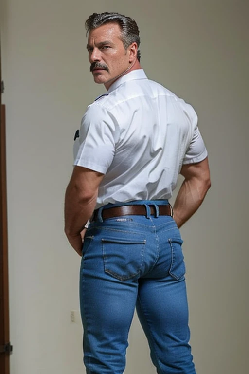 age 60, white man police detective with a mature, full body backside, kind demeanor, strong and muscular yet chubby build, mustache, wearing dress pants and a buttoned-open translucent shirt that reveals a hairy chest and a noticeable bulge, wearing detective badge on belt, giving off a hint of a horny yet disgusting aura, completing the look with comfortable loafers. Jeans backside backside