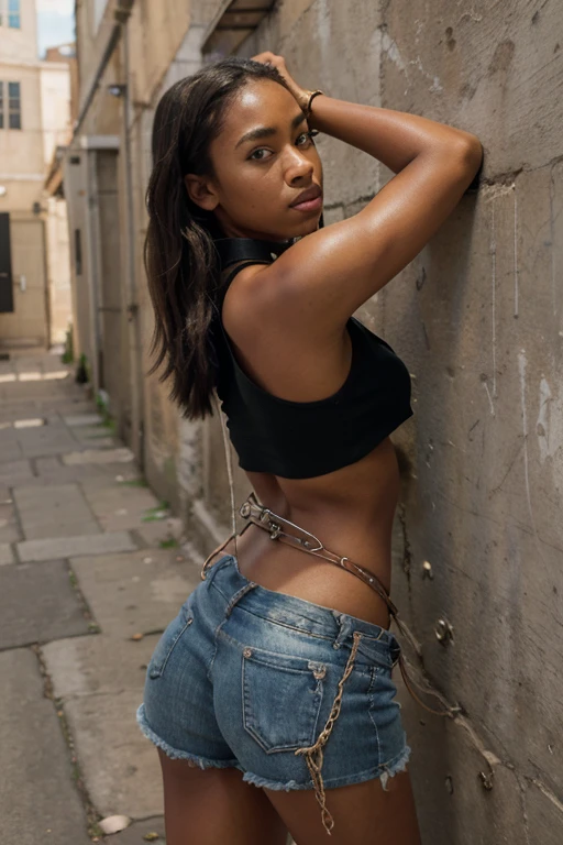 ((best quality)), ((masterpiece)), (detailed), perfect face, realistic proportions, young, nubile, black girl, wearing ripped croptop and jean shorts, wearing collar and leash, leashed to a wall, hands behind head, large ass, standing in an alley, tribal