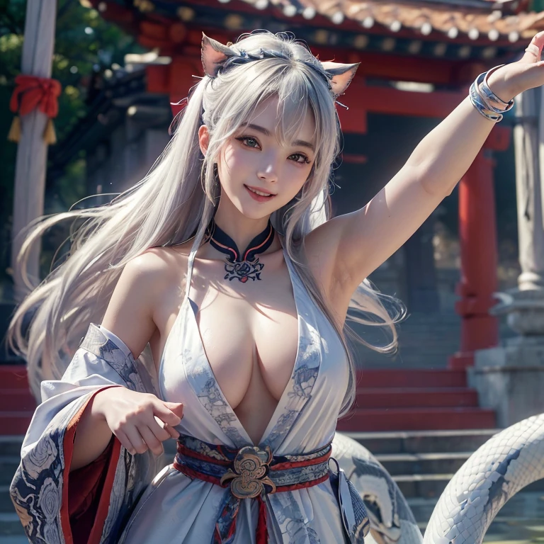 Dinamic posing, dancing,
Hide in the ancient shrine、Hair flows、 ((highest quality、masterpiece、8k、best image quality、ultra high resolution、Award-winning work)、(accurate anatomy:1.1)、(look at me and smile:1.1)、Shining fair skin with ultra high resolution、most detailed face、ultra high resolution detailed face、ultra high resolutionの髪の毛、(ultra high resolutionの煌めく瞳:1.1)、Beautiful face drawn in every detail、(blurred background:1.1)、ancient shrine maiden clothes, chest together, tattoo、giant white snake aside, tattoos