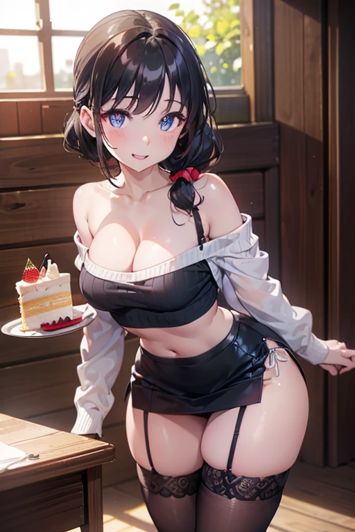 (dynamic angle:1.3, front view:1.1, breast focus:1.3, from below:1.2), (dynamic posing:1.5, sexy posing:1.3, leaning forward), (seductive smiling:1.3), ((looking at viewer, holding a cake)),highest quality、(real、photorealistic:1.4),(ultra high resolution, 8K RAW photo, clear focus), best qualtiy, natural lighting, field depth, (Bright pupils, detailed beautiful eyes, high detailed face), Red lip, (tight focus:1.2), a girl 22yo old, pretty girl, (highly detailed beautiful face and eyes,firm breasts),real skin,((black,hair,long pony tail hair)),teacher, thin breast,(pointed chest:1.3), cleavage:1.1,(double breasted:1.2,under bust:1.2), midriff, long hair, blue eyes,off-shoulder dress, sweater dress, off-shoulder red sweater, garter stocking, bootyshorts, black skirts, black thighhighs, thigh strap, thin pubic hair,lovely, detailed eyes, This masterpiece is only visually stunning but also tells,(with sparkling eyes and a contagious smile),open mouth, Looking at Viewer, posed muy sexy cleavage:1.2,