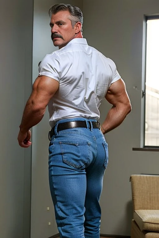 age 60, white man police detective with a mature, full body backside, kind demeanor, strong and muscular yet chubby build, mustache, wearing dress pants and a buttoned-open translucent shirt that reveals a hairy chest and a noticeable bulge, wearing detective badge on belt, giving off a hint of a horny yet disgusting aura, completing the look with comfortable loafers. Jeans 