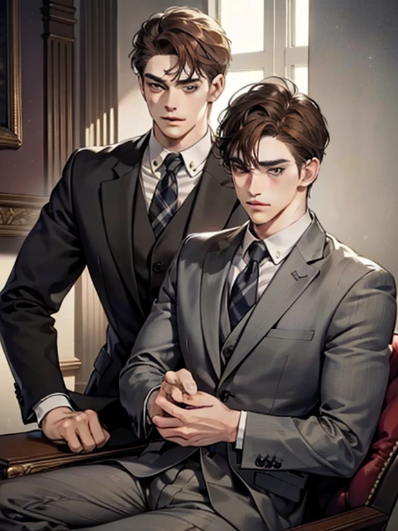 masterpiece, best quality, realistic, 1man, mature male, quiet and charming young man, 25 year old, serious look, closed mouth, portrait, extremely detailed face, cold smile, ((dark grey eyes)), ((short-right-swept dark brown hair)), [thick eyebrows], ((suit)), handsome, full body, western, Jewish, light brown skin,