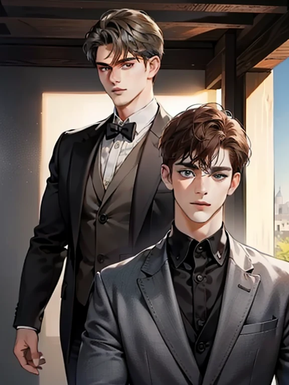 masterpiece, best quality, realistic, 1man, mature male, quiet and charming young man, 25 year old, serious look, closed mouth, portrait, extremely detailed face, cold smile, ((dark grey eyes)), ((short-right-swept dark brown hair)), [thick eyebrows], ((suit)), handsome, full body, western, Jewish, light brown skin,