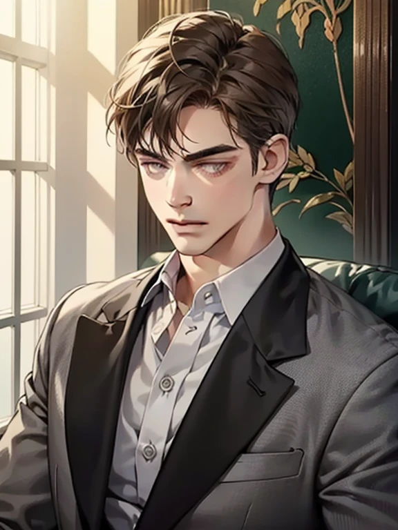 masterpiece, best quality, realistic, 1man, mature male, quiet and charming young man, 25 year old, serious look, closed mouth, portrait, extremely detailed face, cold smile, ((dark grey eyes)), ((short-right-swept dark brown hair)), [thick eyebrows], ((suit)), handsome, full body, western, Jewish, light brown skin,