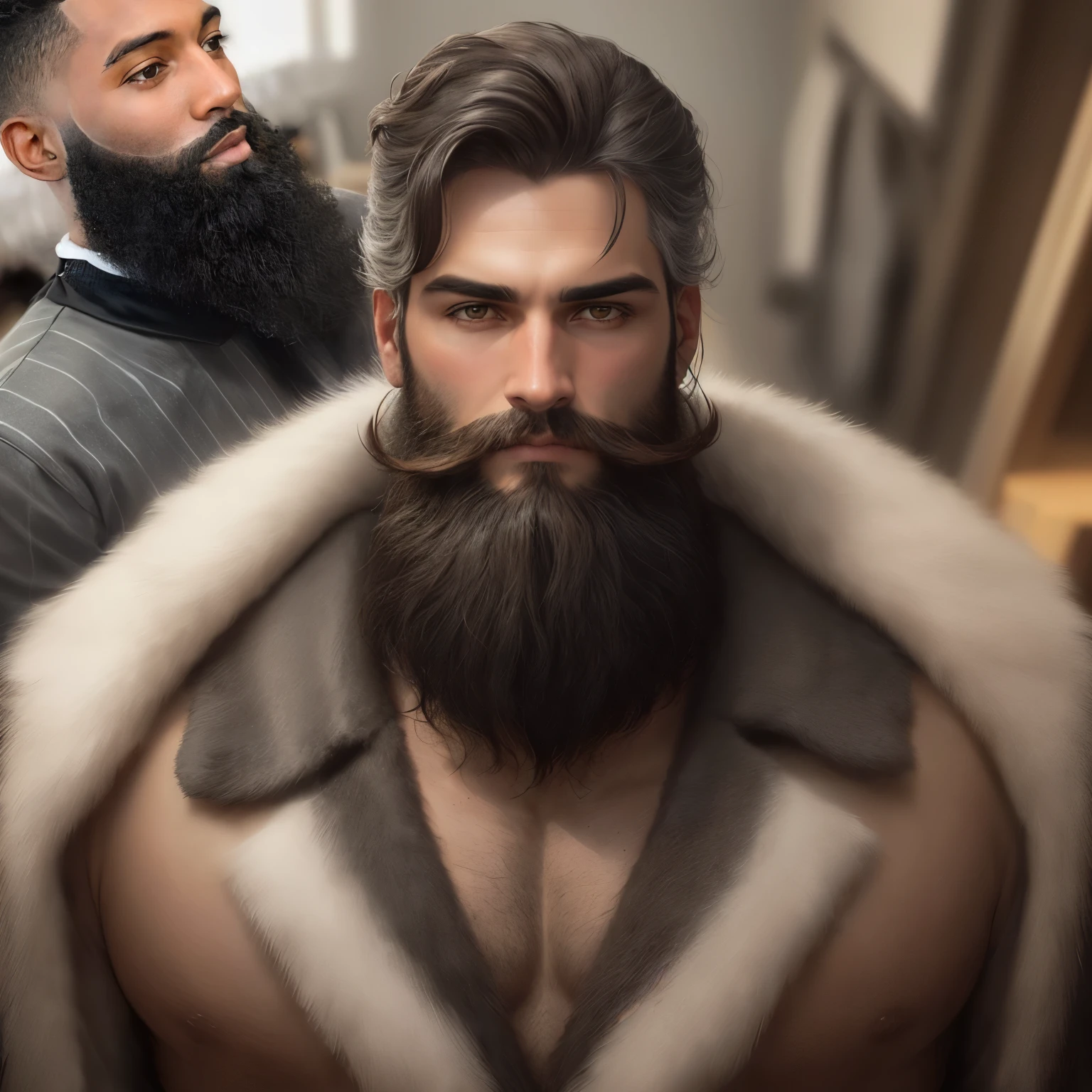 um close de um homem com barba e gravata borboleta, com uma barba preta cheia, barba preta espessa, barba preta encaracolada, barba preta encaracolada, barba cuidada, barba enrolada, well barba aparada, barba cheia, Barba espessa highly detailed, barba aparada, Barba espessa, barba espessa, barba detalhada, longa barba preta, barba castanha espessa, barba arrumada