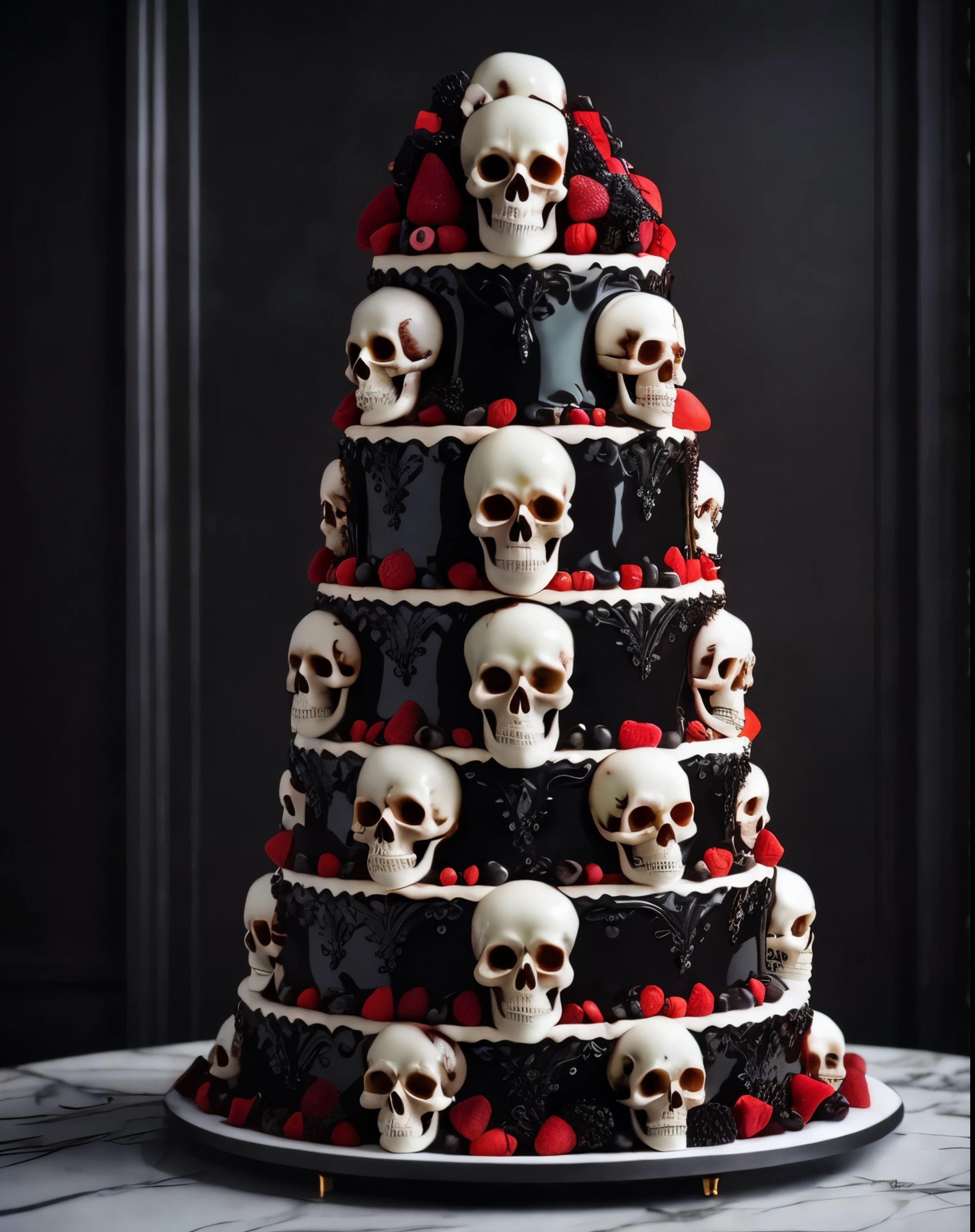 A visually striking and realistic 3D render of a colossal, super intricate dazzling decoration of a big tallest stunning shinny wedding cake tower made of lots of skulls, masterfully blending attractive, dark luxury and elegance. The stunning decoration cake, featuring multiple layers of bejewelled glossy pure white whipped glossy skulls, adorned with shiny melting crystal and decorating with juicy fresh berries and intricate designed cream, and a dramatic angle, luxury food, melting glossy blood from top to the table, cinematic lighting with the steamy dark background, masterpiece fuses fashion, poster, architecture, and dark fantasy elements, creating an ultra-realistic, million-small-detailed design that captures the essence of a dark dazzling wedding cake creation, conceptual photo, portrait photograph, cinematic, fashion, wildlife photography, vibrant, architecture, dark fantasy, product, poster, glossy melting, full size photo inside frame, hyperrealism, dynamic memorable sweets, lovely, million small detailed design, jewels of strawberries on the blood sea table, wildlife photography, product, poster, fashion, photo, conceptual art, architecture, dark fantasy, cinematic, vibrant, fresh taste, no watermark, gorgeous sweets, elegance background, lovely sweet things, melting blood-colour chocolate from top, floating the blood sea, gorgeous sean, gorgeous sweets in visually stunning and mesmerizing effect in the enchanting atmosphere of this enchanting event, a red crystal heart on top
