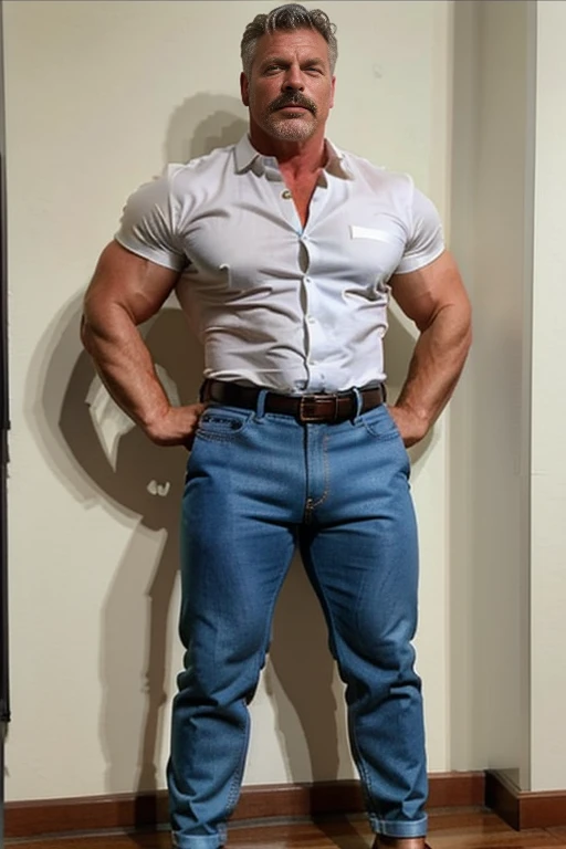 age 60, white man police detective with a mature, full body backside, kind demeanor, strong and muscular yet chubby build, mustache, wearing dress pants and a buttoned-open translucent shirt that reveals a hairy chest and a noticeable bulge, wearing detective badge on belt, giving off a hint of a horny yet disgusting aura, completing the look with comfortable loafers. Jeans