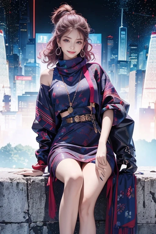 highest quality, Very detailed, masterpiece, 1 person,woman,(((完璧なwomanの体))),Very beautiful face, Very beautiful body,Gentle expression, Very beautiful eyes,(Perfect Makeup:1.1),Fashion Model,Cyberpunk Fashion,Curly Hair,Shaggy Hair,Reddish purple and white-blue hair:1.3, Very thin body,Smart Abs, Monogram pattern,Gradation,Dress One Piece,Two-tone high-top sneakers,A kind smile,Full body portrait,(Nightclub Background), (Shiny skin),(Earrings),Seesul,Colorful scarves,A long shawl with an intricate pattern,