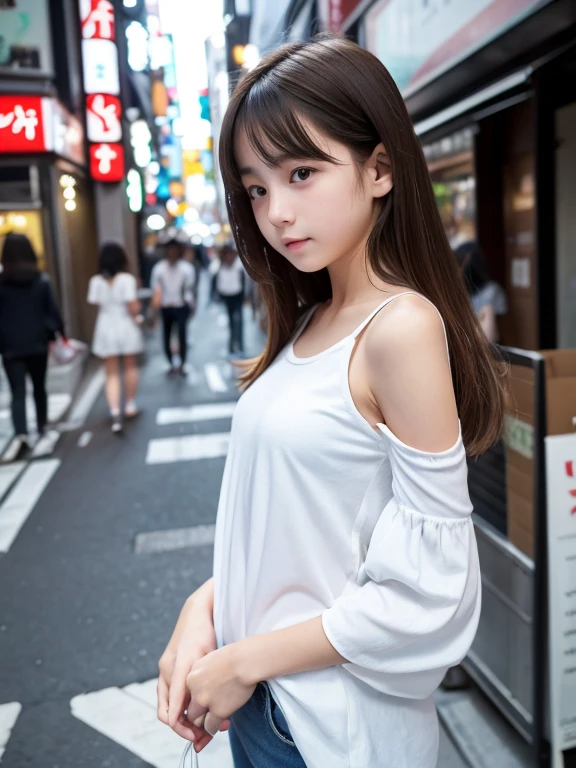 (((Hands on the side of the body)))、(-yeld gi、(White camisole)、(hort sleeve)、Are standing、Tokyo city street、Focus up to the knees