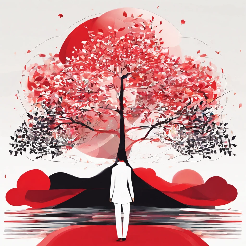 minimalism,blankspace,simple,(tricolor illustration:red and white and black),flat color,white background,white allground,(1tree in the center of the screen),1person in red clothes is standing next to a tree,