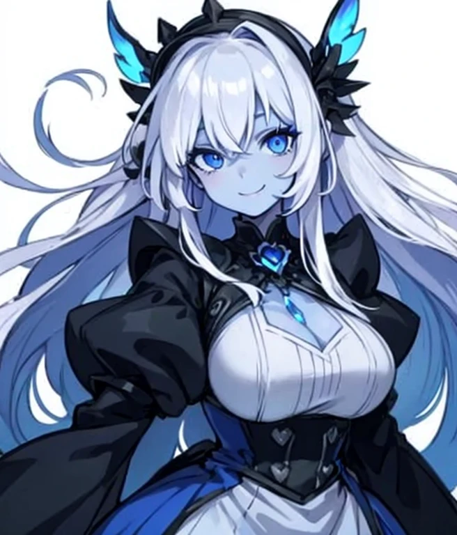 Masterpiece, best quality, expressive eyes, perfect face, 1girl, solo, long hair, puffy sleeves, simple background, white background, looking at viewer, blue fire, white hair, very long hair, smile, breasts, gloves, blue skin, colored skin, hair over one eye, monster girl, dress, covered, blue eyes, black gloves, see-through, heart, fire 