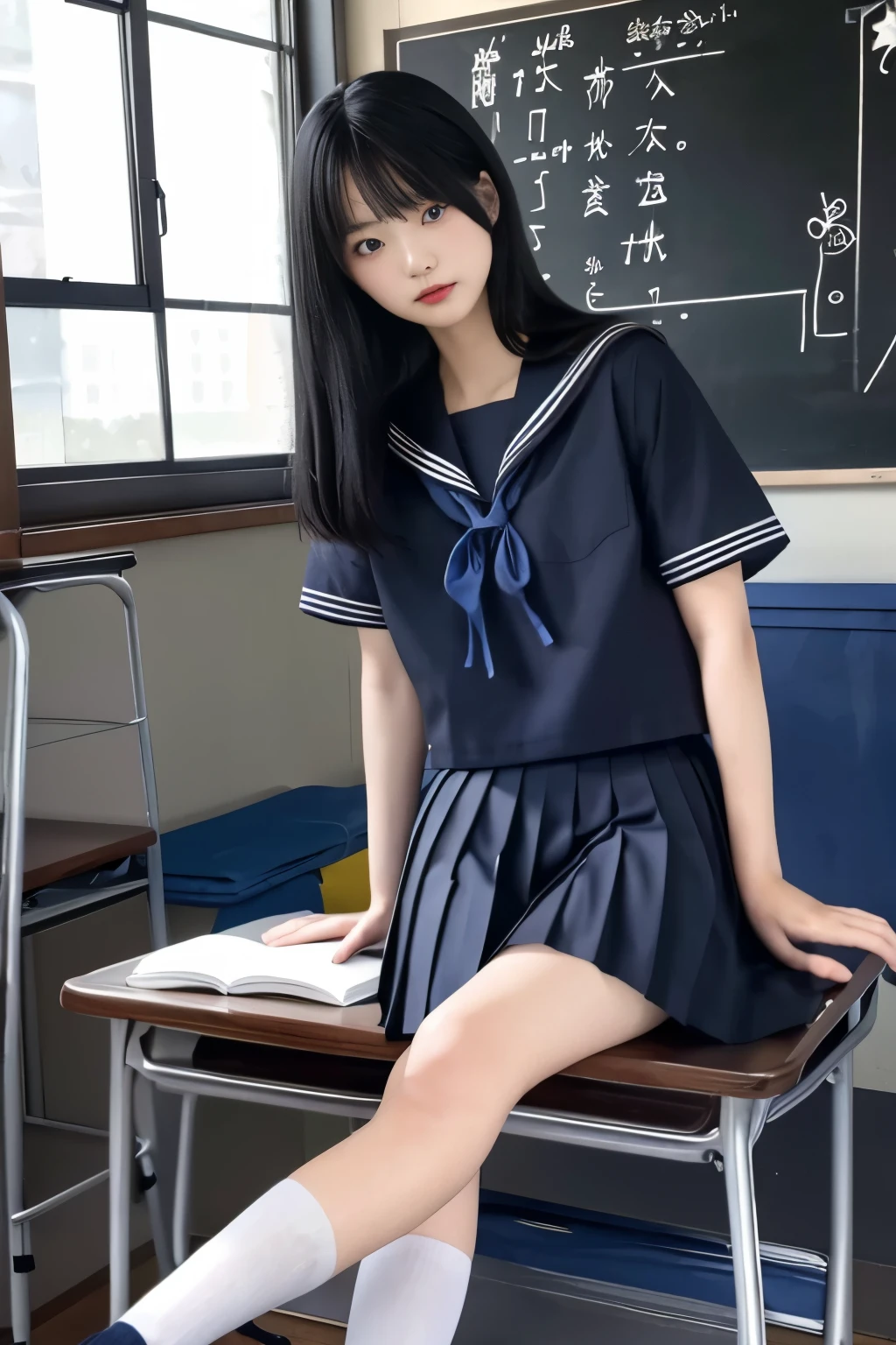 Masterpiece、highest quality、Woman 1、Super detailed Black Hair、Straight Hair Japanese school girl uniform、Sailor suit、Pleated skirt、Long skirt Muscular thighs classroom、blackboard