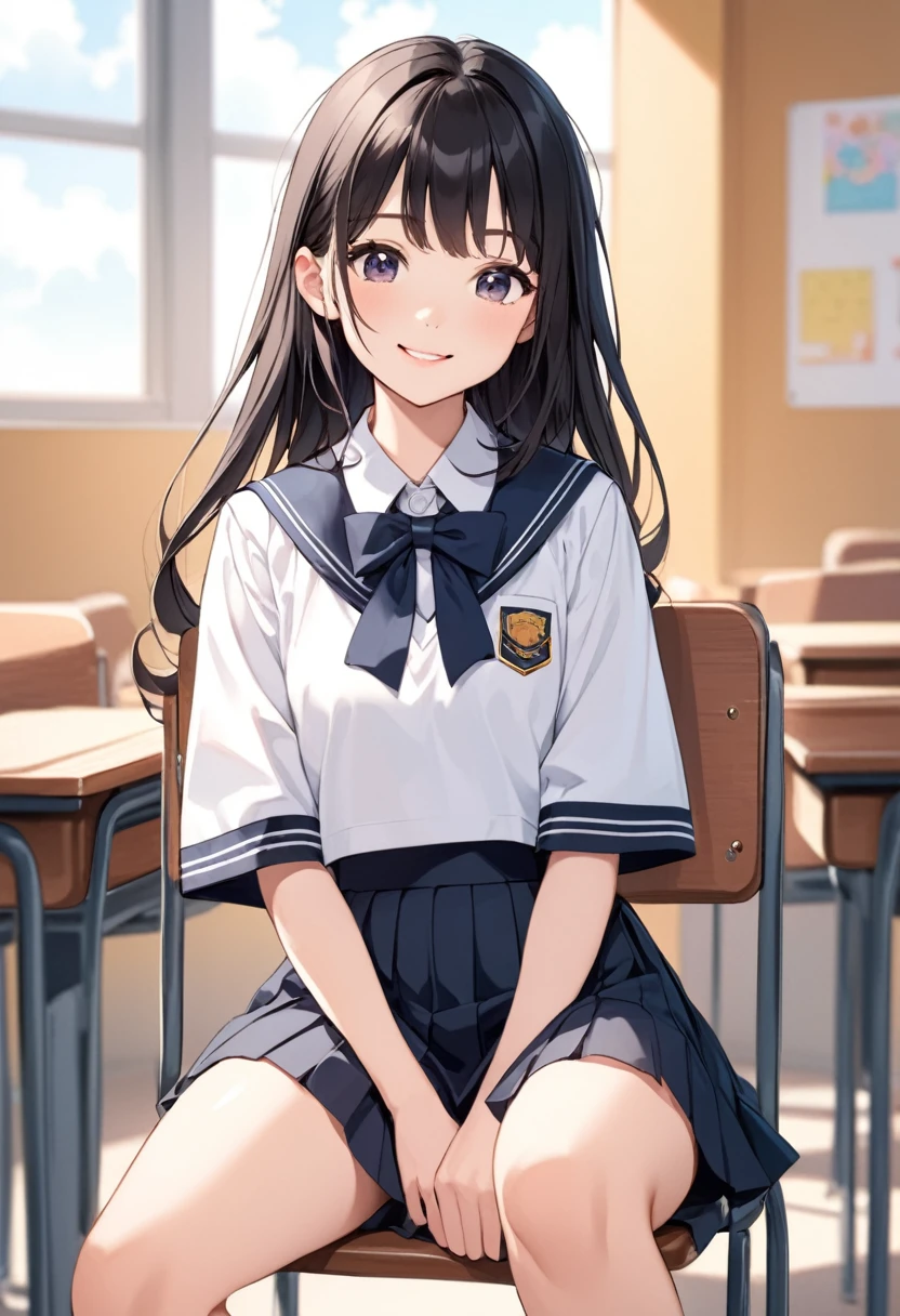 Cute girl in anime style Wearing a uniform Her hair is long and black. sitting in the chair next to me Look at this and smile The background is the classroom