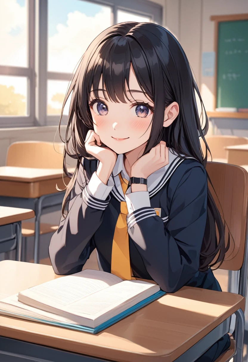 Cute school girl in anime style Wearing a uniform Her hair is long and black. sitting in the chair next to me Look at this and smile The background is the classroom