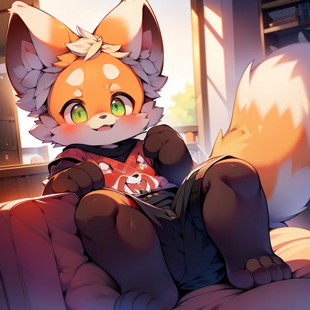 Lesser panda, green eyes, furry, shota, happy, clothes, 