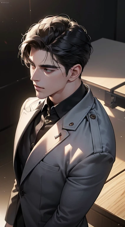 (best quality, masterpiece, 8K, photorealistic, cinematic lighting, 1:4 hdr image, top view, ultra detailed, beautiful image), a mature man, very handsome, short black hair, black eyes, perfect face without errors , ((buttoning his jacket, CEO))