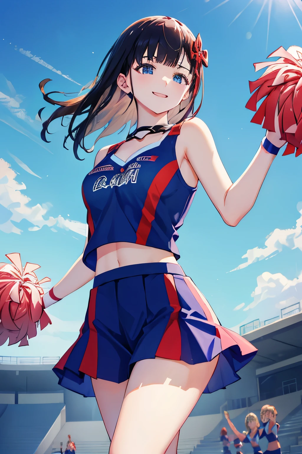 (8k, RAW photo, best quality, masterpiece:1.2)、Beautiful fine details, Highly detailed face, Perfect lighting, Yukiho Takasaka, Dark Redhead, blue eyes, Cleavage, ((Cheerleader)), abdomen, Grass、Are standing、smile、(dance)、((cheer leading skirt))、cowboy shot、((Raise your legs))、Tank top、