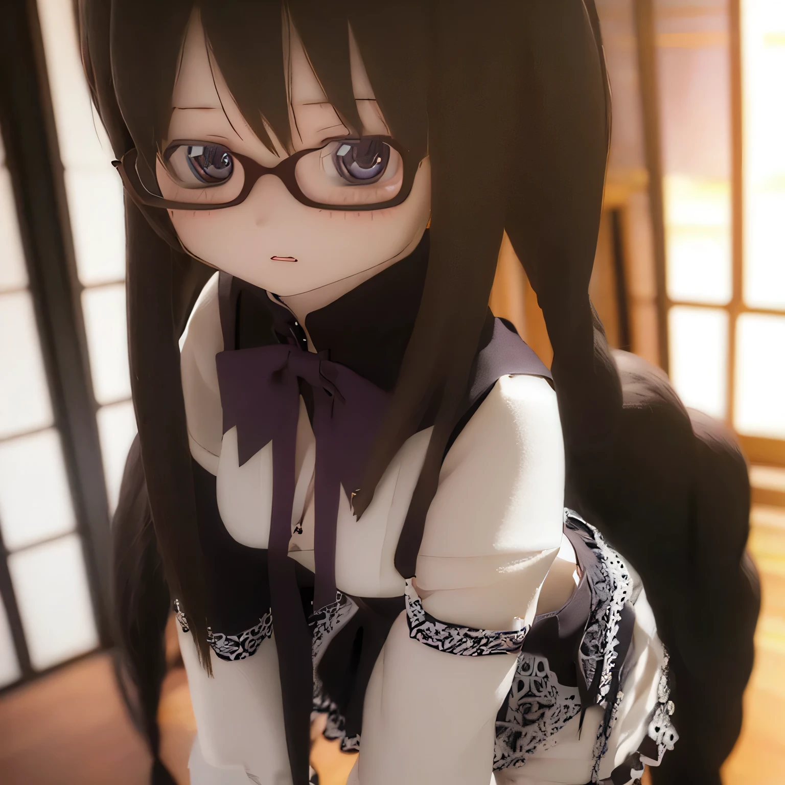 (Realistic:1.37), Vibrant colors, Very detailed, Physically Based Rendering, Tabletop, Expressive eyes, Perfect Face, Closed lips, barefoot, standing Akemi Homura, Black Hair, Indian Style, Black-rimmed glasses, Black sexy lingerie, Seductive posture, Ample breasts.