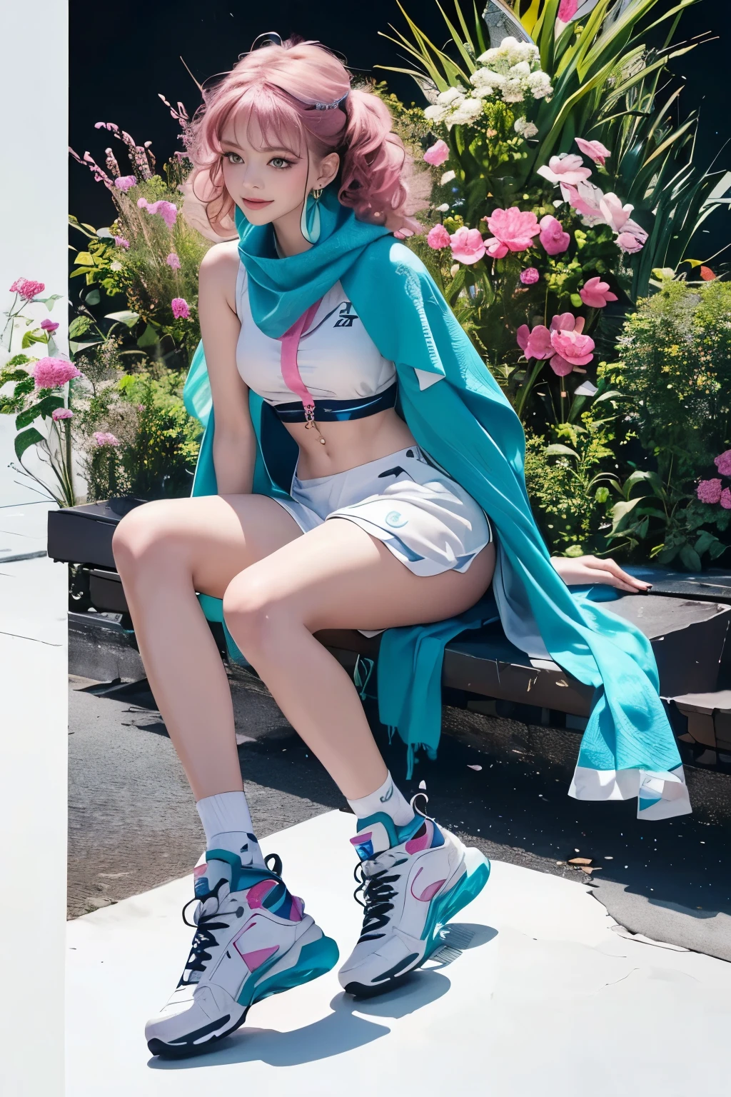 highest quality, Very detailed, masterpiece, 1 person,woman,(((完璧なwomanの体))),Very beautiful face, Very beautiful body,Gentle expression, Very beautiful eyes,(Perfect Makeup:1.1),Fashion Model,Cyberpunk Fashion,Curly Hair,Shaggy Hair,Fluorescent pink and blue hair:1.3, Very thin body,Smart Abs, Monogram pattern,Gradation,Formal suit,Two-tone high-top sneakers,A kind smile,Full body portrait,(Background of London), (Shiny skin),(Earrings),Seesul,Long scarf,long shawl,