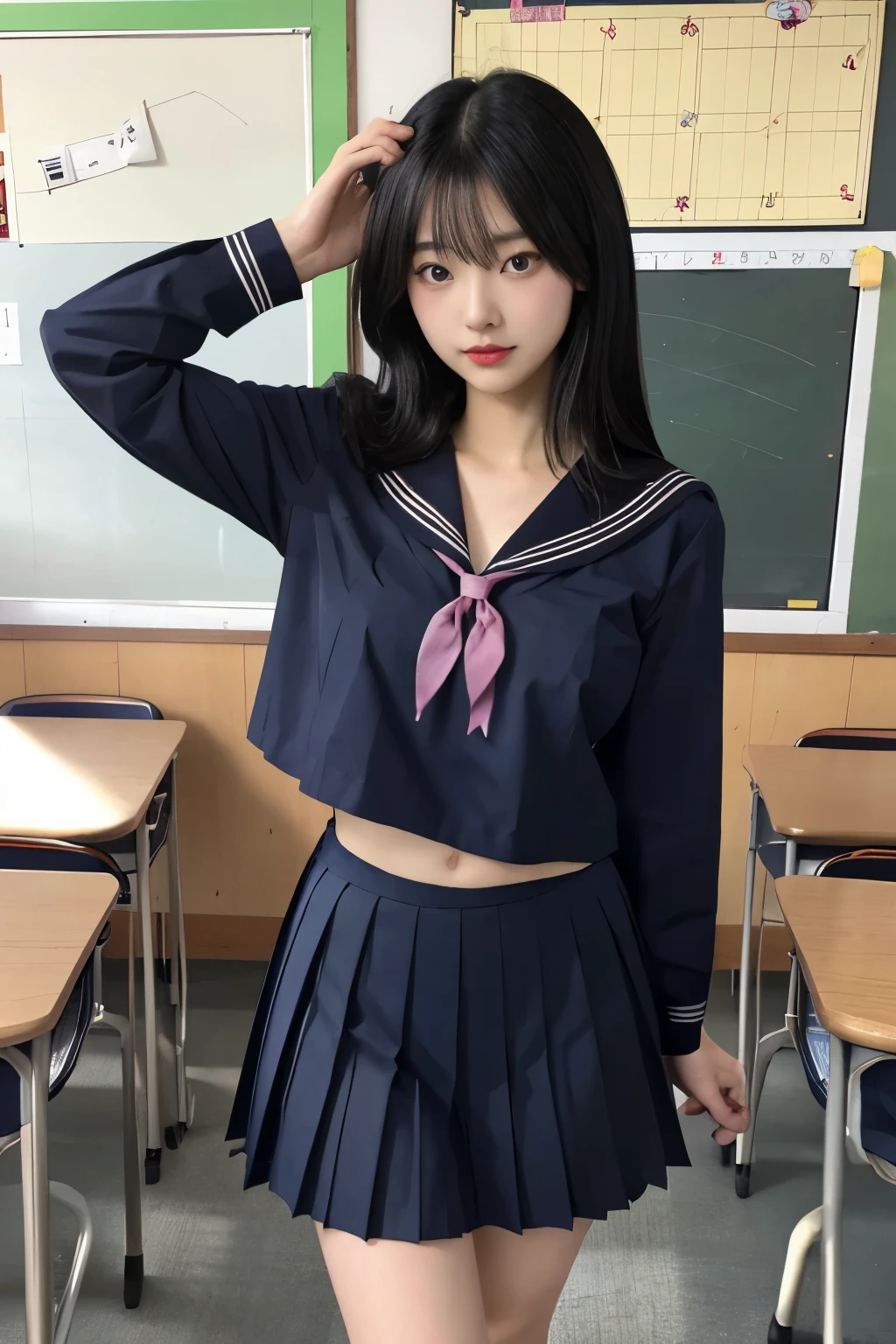 Masterpiece、highest quality、Woman 1、Super detailed　Black Hair、Straight Hair　Japanese school girl uniform、Sailor suit、Pleated skirt、Long skirt、erect nipples　Muscular thighs　classroom、blackboard