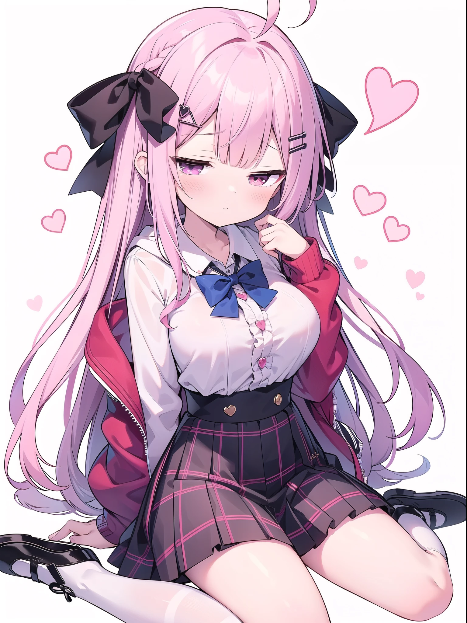 Skin side boob big breasts,High Resolution 1girl Ahoge Bobby_pin bow bowtie braid brOwn_目s collared_shirt dojikko_Temporarily stop_shirt frilled_shirt_Color Free Joint_skirt frills hair_bow hair_ornament hairpin hand_in addition_Own_head, heart, heart_hair_Decorative hood_jacket jacket lin additiong_Pentagon Pink_hair plaid plaid_Ribbon Check_Pleated skirt_skirt shirt shoelaces shoes simple_background sitting skirt solo star_(symbol) twin_Braided Warisa White_Background white_Knee socks, whole body