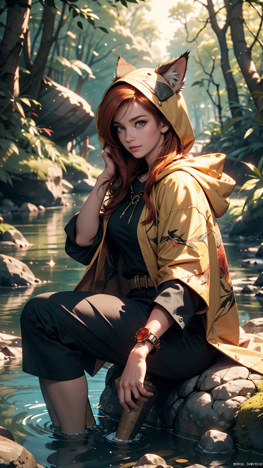 8k, highest quality, (Realistic:1.4), RAW Photos, One girl, Redhead, Animal ears, Blue hooded cape, Ears sticking out, Pause: Sitting on a rock in a forest river, Yellow Eyes,  -