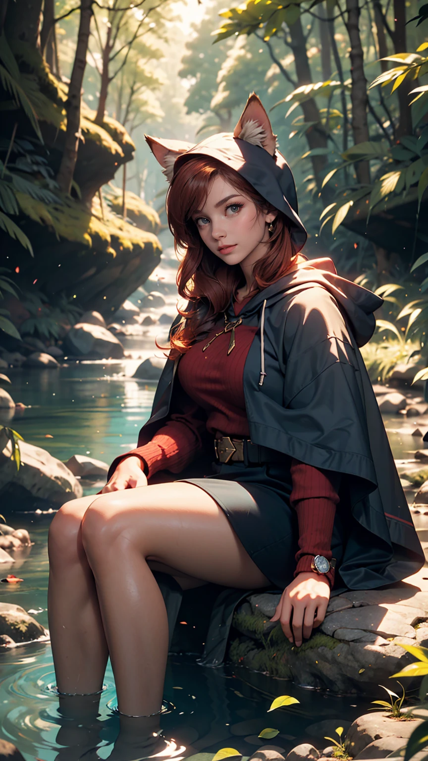 8k, highest quality, (Realistic:1.4), RAW Photos, One girl, Redhead, Animal ears, Blue hooded cape, Ears sticking out, Pause: Sitting on a rock in a forest river, Yellow Eyes,  -