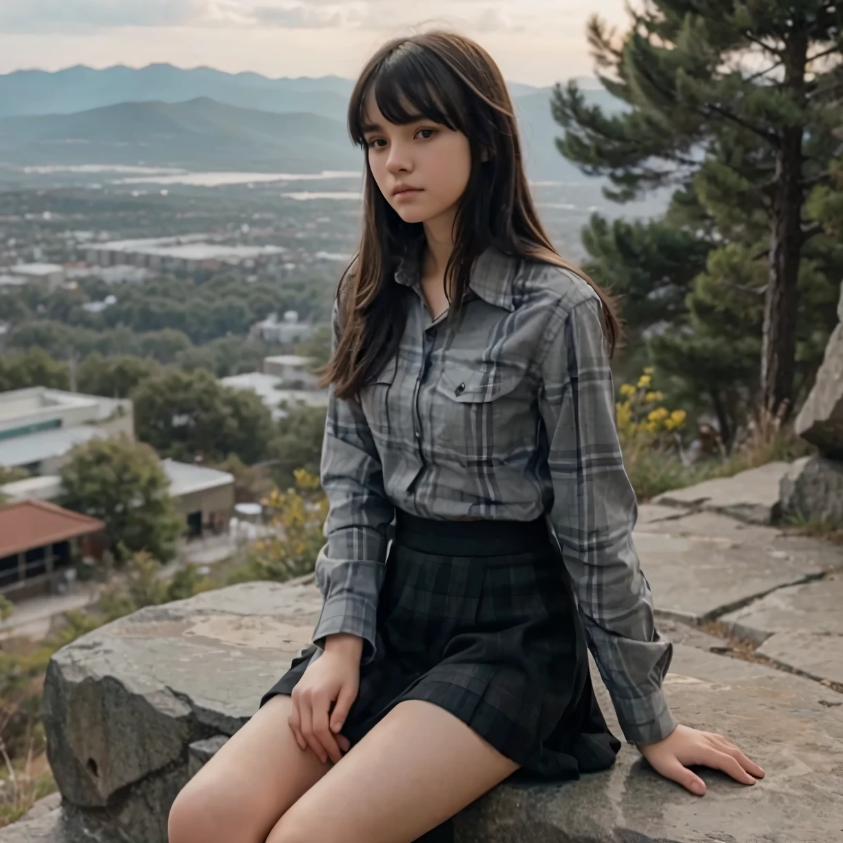 16 years old short skinny girl, tucked shirt, long flanel skirt, long sleeves, black bangs hair, at the mountain, seating above a stone
