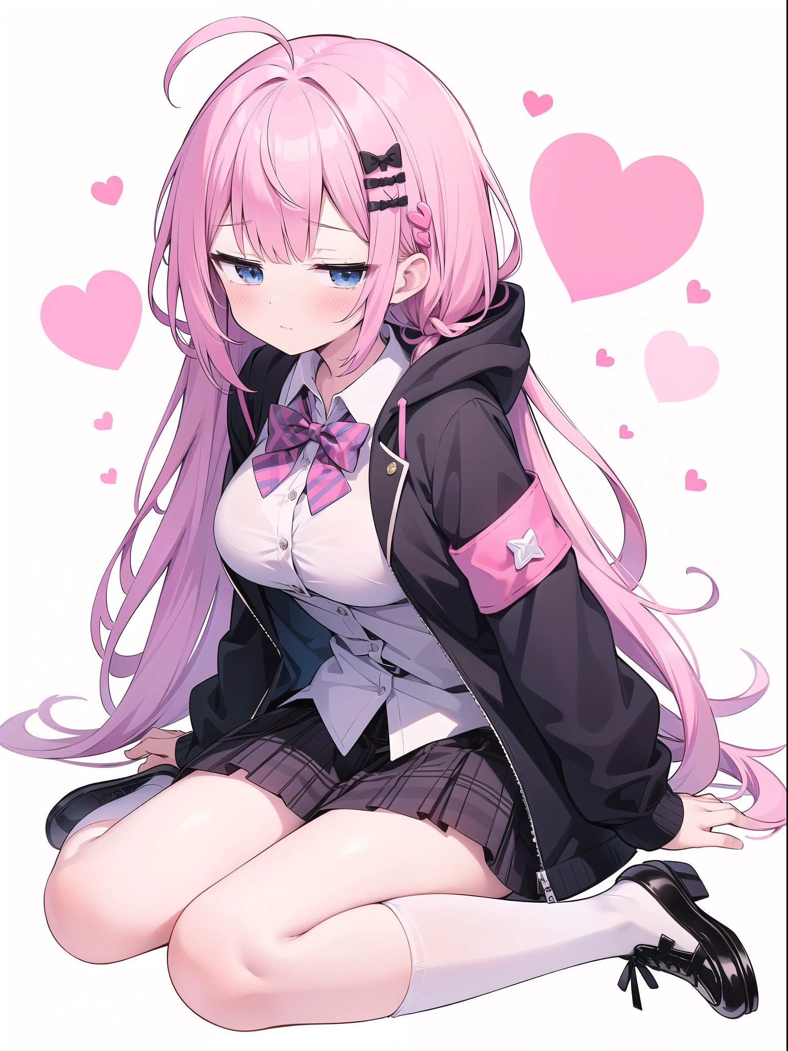 Skin side boob big breasts,High Resolution 1girl Ahoge Bobby_pin bow bowtie braid brOwn_目s collared_shirt dojikko_Temporarily stop_shirt frilled_shirt_Color Free Joint_skirt frills hair_bow hair_ornament hairpin hand_in addition_Own_head, heart, heart_hair_Decorative hood_jacket jacket lin additiong_Pentagon Pink_hair plaid plaid_Ribbon Check_Pleated skirt_skirt shirt shoelaces shoes simple_background sitting skirt solo star_(symbol) twin_Braided Warisa White_Background white_Knee socks, whole body