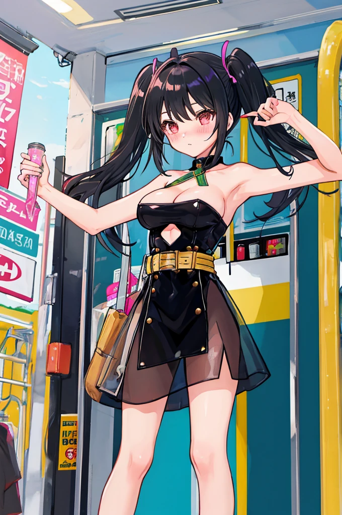 A girl，twintails，Long hair，Black Hair，((transparent))，Tube Top Dress，Towering breasts，Slim waist，Smooth legs，blush，subway，