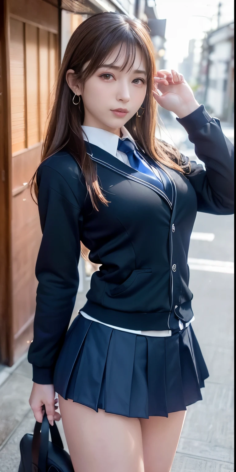 mix4, (16 K, Raw photography, Top image quality, ​masterpiece: 1.45), (realisitic, Photorealsitic: 1.37), one girls, cute little, A city scape,, profetional lighting, photon maping, school classrooms, physically-based renderingt, dark brown  hair,pony tail hairstyle, Well-groomed and beautiful eyes、((double eyelid))、Transcendent Cute Girl, (((student clothes、blazers、Long sleeve shirt worn by Japan high school girl、Ribbon Ties、Dark blue mini skirt,、Dark blue socks、Black loafers))), Top Quality Photos, hight resolution, 1080p, (clearface), (Detailed face description), (Detailed hand description), (​masterpiece), (Exquisite CG)、extreme light and shadows、dishevled hair、master work、abundant detail、(Fine facial features)、(top quality photo)、(masuter piece)、(A detailed eye)、Look in front of you、Fine clavicle、((Slender big))、(((Japan schoolgirls wear jackets and long-sleeved shirts)))、((Neat and clean idol))、((School Gate、school ground、School building in the background))、(Shooting from random perspectives)、(((Anyway cute)))、earrings、A big smile、Drawing the whole body from the knees、Do not draw nasolabial folds、(((Sports bags used by Japan schoolgirls)))、(Big breasts that hang down big:1.2)、Big buttocks with tension、Two arms and two legs、(((from the front side:0.7)))、bare hand、(((Left and right symmetrical eyes)))、Standing Pose、Put your hands on your desk、Do not take the tie out of the jacket、Raise your buttocks:1.5，barebacked:1.5，