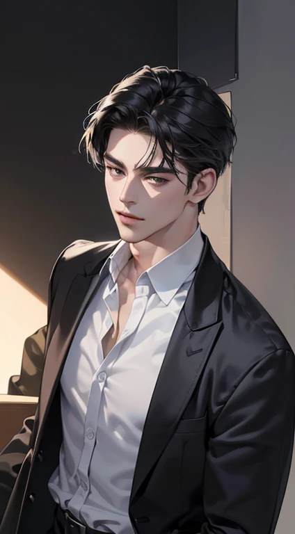 (best quality, masterpiece, 8K, photorealistic, cinematic lighting, 1:4 hdr image, top view, ultra detailed, beautiful image), a mature man, very handsome, short black hair, black eyes, perfect face without errors , ((buttoning his jacket, CEO))