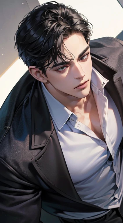 (best quality, masterpiece, 8K, photorealistic, cinematic lighting, 1:4 hdr image, top view, ultra detailed, beautiful image), a mature man, very handsome, short black hair, black eyes, perfect face without errors , ((buttoning his jacket, CEO))