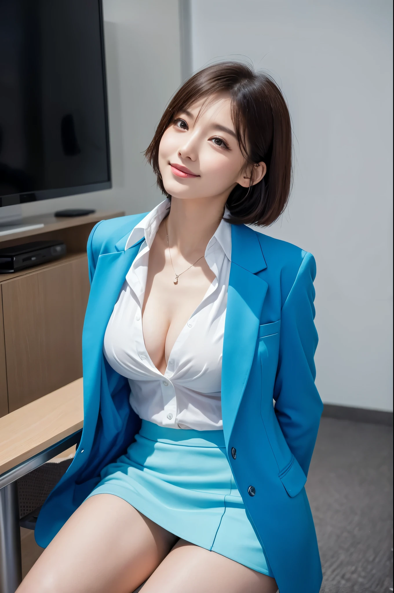 Woman looking up、conference room:1.4、Short Hair、Hair blowing in the wind、Sky Blue Suit、Short tight skirt、White shirt、Cleavage（Very large breasts、Very thin and long legs、Perfect figure、High heels、whole body、smile）、1 female、No makeup、23 years old、（masterpiece、8K,RAW Photos、High resolution:1.4）、The soft look enhances the calm expression of a woman.。watch
