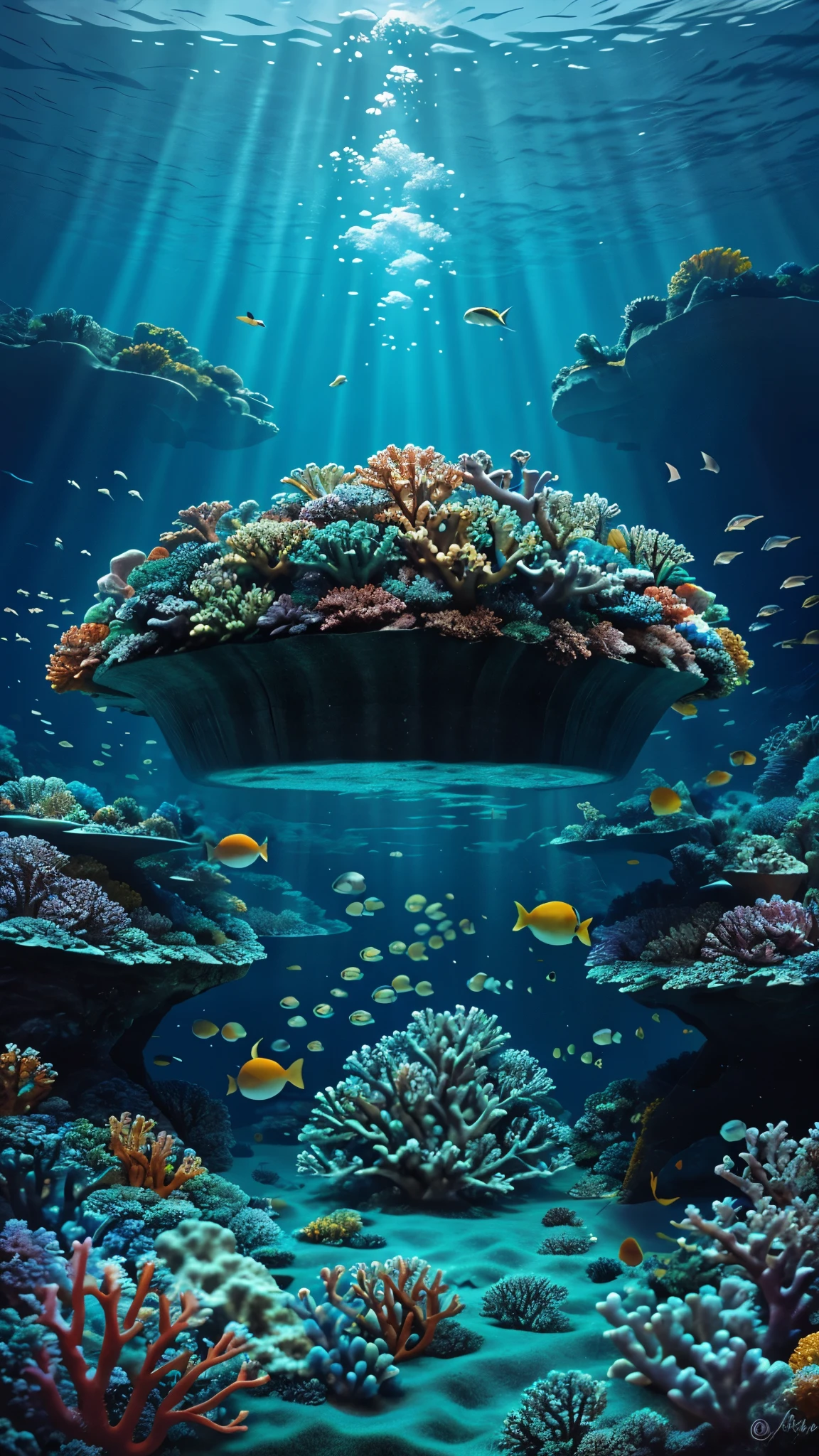 Create a colorful underwater scene featuring a kingdom a vibrant coral reef.