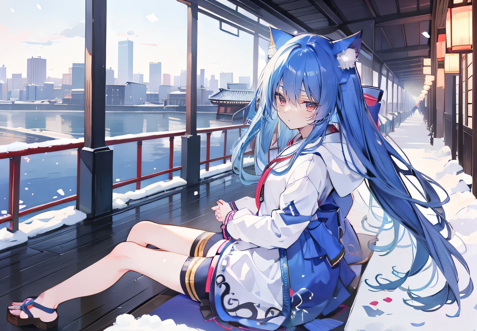 (masterpiece:1.2),Super detailed,lifelike,Expressive eyes,fair skin,perfect face shape,1 girl,
Japanese comics,Gorgeous blue hair,flowing blue hair,flowing clothes,Cat ears,Petals fall,beautiful lola,Baby Angel,
Cross your legs,Gentle and peaceful background,The pavilion is cool and comfortable,smile, wearing hoodie, background of tokyo,back views,snowing, winter.