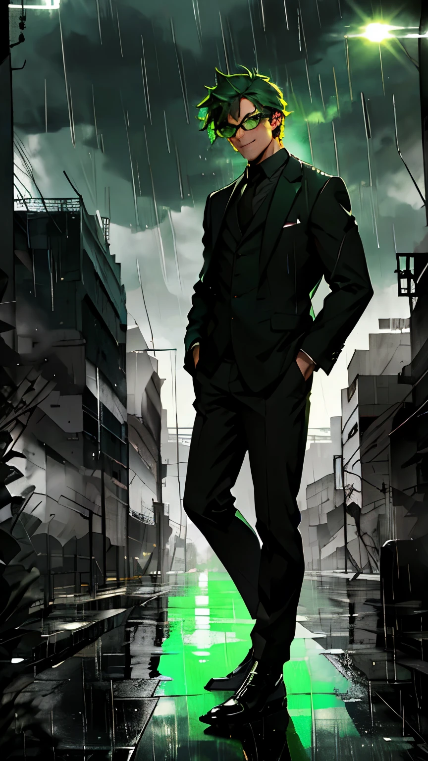 1 person, Black suit, City of night, rain, Put your hands in your pockets, , Green Hair, Black glasses, smile, Ultra-high resolution, Accurate, highest quality, 8k