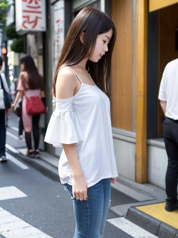 (((Hands on the side of the body)))、(15-year-old girl)、(White camisole)、(hort sleeve)、Are standing、Tokyo city street、Focus up to the knees