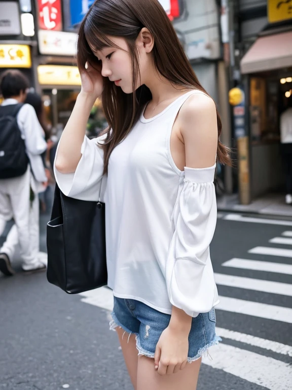 (((Hands on the side of the body)))、(15-year-old girl)、(White camisole)、(hort sleeve)、Are standing、Tokyo city street、Focus up to the knees