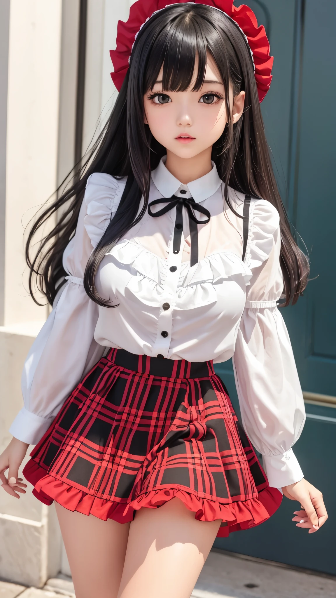Detailed face、highlight、girl、thigh、breast enhancement、black髪、Heavy bangs、Idol、(Frilled shirt、)(Checked mini skirt、black、red、white、)