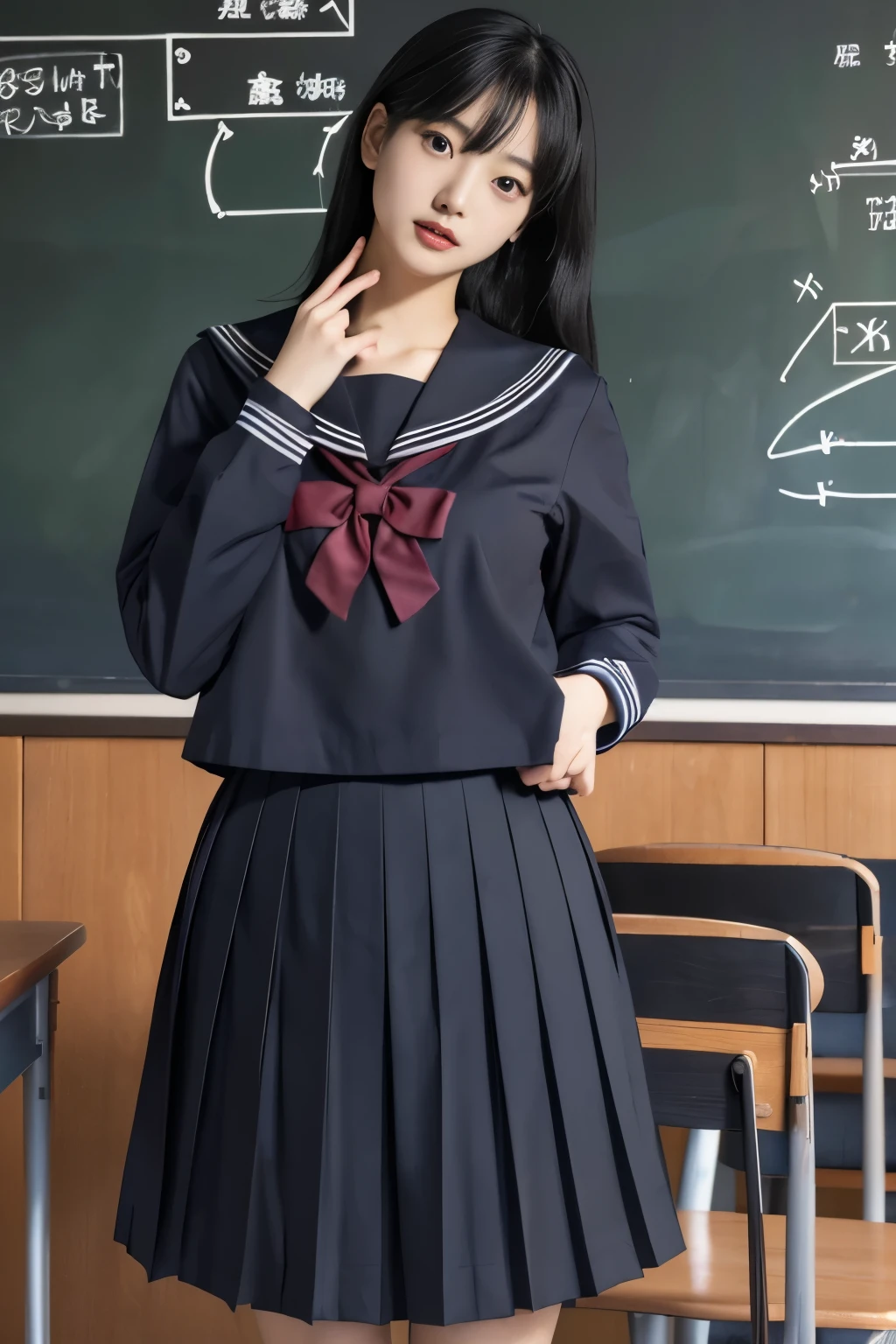 Masterpiece、highest quality、Woman 1、Super detailed　Black Hair、Straight Hair　Japanese school girl uniform、Sailor suit、Pleated skirt、Long skirt、erect nipples、Protrusion on the chest　Muscular thighs　classroom、blackboard