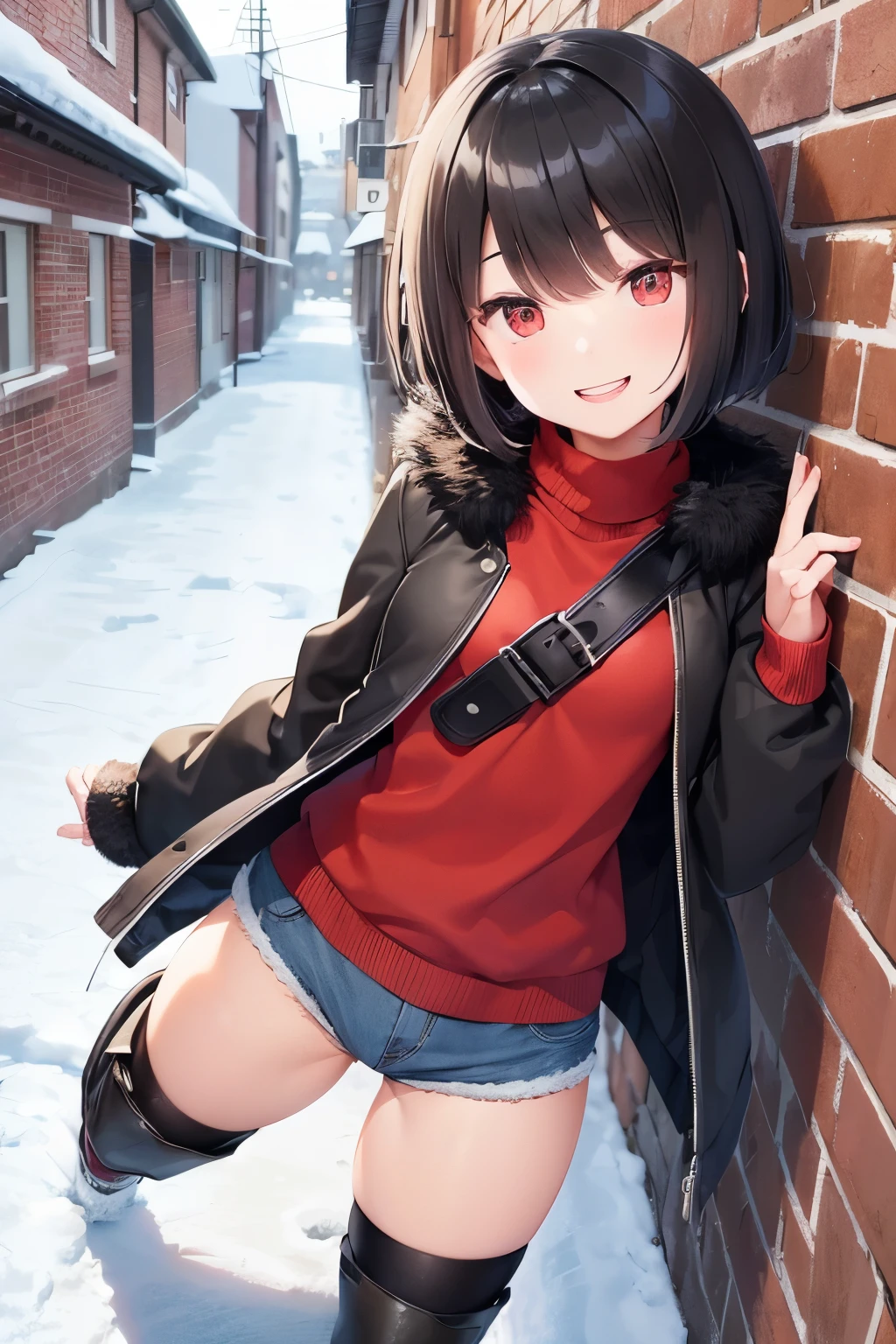 Cheerful female college student、Smiling face、Thick eyebrows、Hanging eyes、black hair、short hair、Jacket with fur(black)、hot pants(gray)、boots with buckles(Brown)、(Flat Brown)、Leaning his back against a red brick wall、Bend one leg、Promenade、Snow Scene、Snowfall