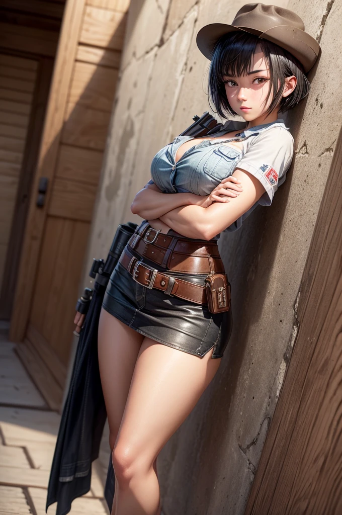 1 girl, ((alone:1.5)),Black Short Hair,Gunfighter costume,gun belt,watch, Short sleeve roll-up shirt,Ultra mini skirt:1.8,Ten-gallon hat, Blushing:1.2, Perfect light, 8k, masterpiece:1.2, Very detailed, Realistic:1.37, Full HD, Wall of the sake brewery,(Front shot:1.3),(Are standing),((Alluring face:1.2))