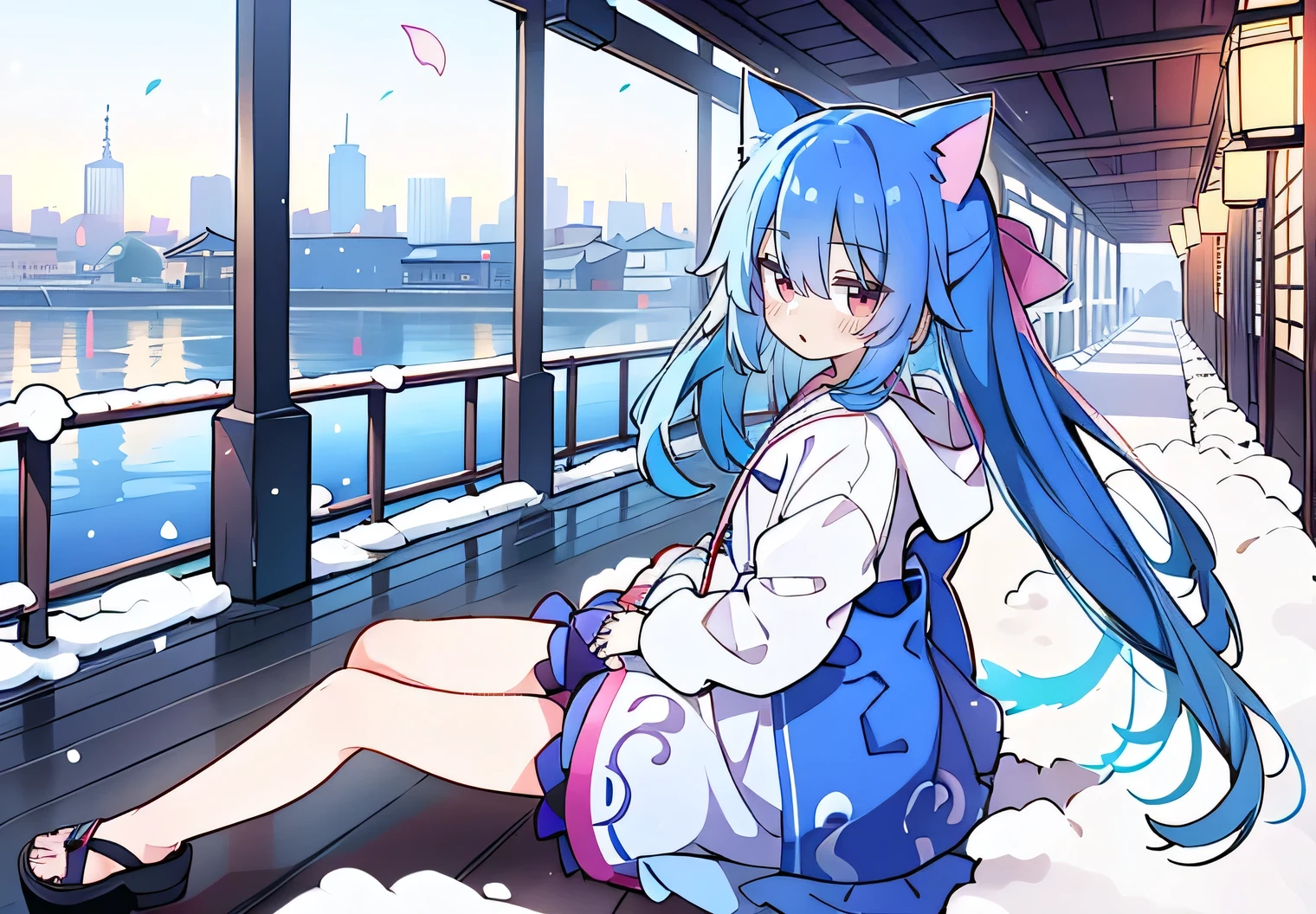 (masterpiece:1.2),Super detailed,lifelike,Expressive eyes,fair skin,perfect face shape,1 girl,
Japanese comics,Gorgeous blue hair,flowing blue hair,flowing clothes,Cat ears,Petals fall,beautiful lola,Baby Angel,
Cross your legs,Gentle and peaceful background,The pavilion is cool and comfortable,smile, wearing hoodie, background of tokyo,back views,snowing, winter.
