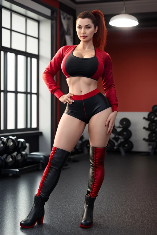 Full figure photo of 50YO MATURE MILF Aishwarya rai as SEXIEST MILF model, tight red gym sweat bomber, wide legs , ankle high boots, red knotted short top, navel out, posing in all boys gym, day scene, mature hourglass figure, deep massive cleavage show, look at camera and seductive smirk, ((high ponytail short hair)), sexy 50yo MILF, soft volumetric lights, intricate details, (ArtStation:1.2)